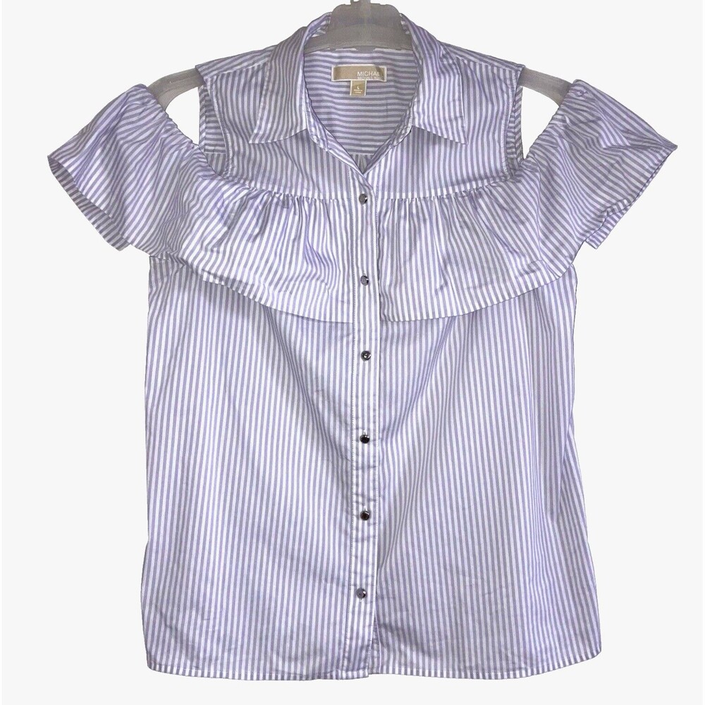 MICHAEL KORS L Purple White Striped Cold Shoulder Logo Blouse Top Cotton Spandex